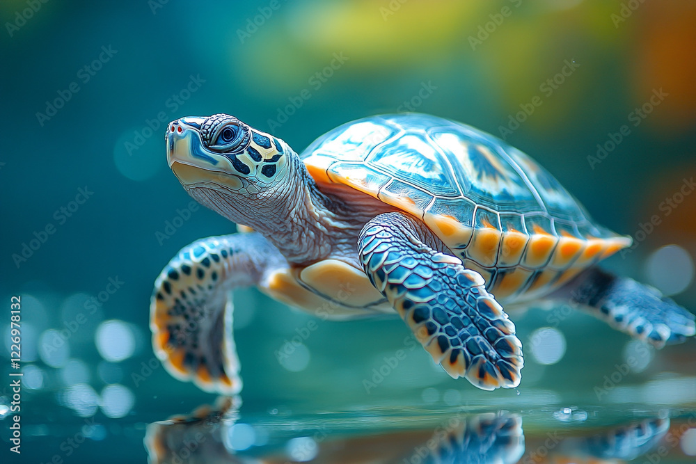 A vibrant young turtle gracefully moves through water A vibrant young turtle gracefully moves through water