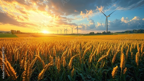 Golden Wheat Field at Sunset with Wind Turbines