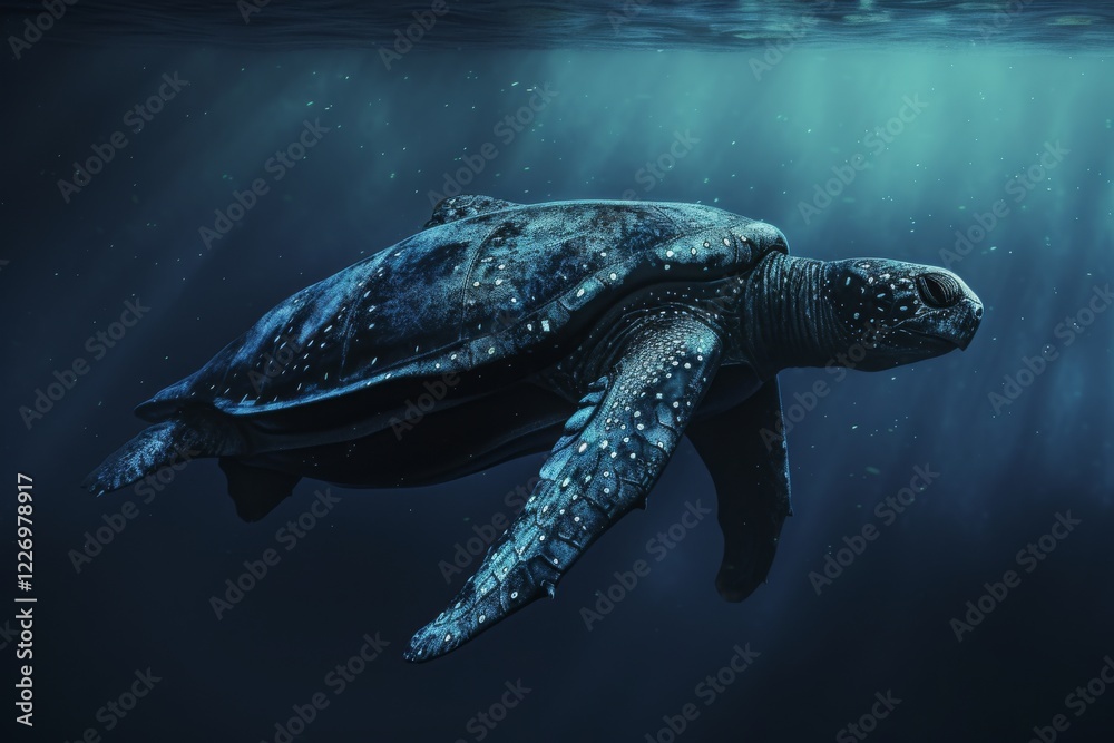 Fototapeta premium A leatherback sea turtle gracefully gliding through the deep ocean waters, illuminated by soft rays of light in the serene underwater environment during a calm day at sea