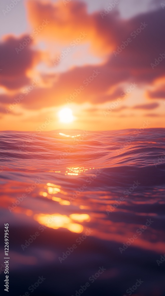 A vibrant sunrise over a calm ocean with soft waves and no boats A vibrant sunrise over a calm ocean with soft waves and no boats
