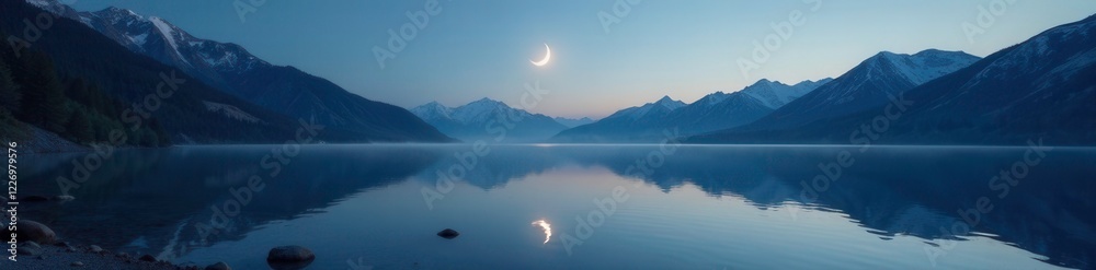 Silvery half moon reflects on the calm Alpine lake, water, sky Silvery half moon reflects on the calm Alpine lake, water, sky