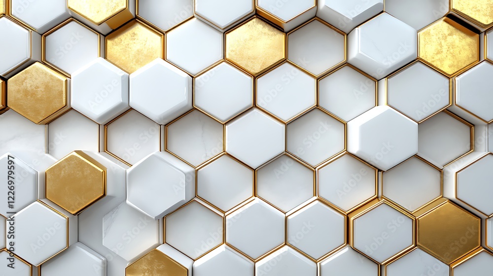 3D white and gold color hexagon tiles pattern shape background 3D white and gold color hexagon tiles pattern shape background