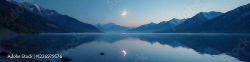 Silvery half moon reflects on the calm Alpine lake, water, sky