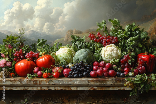 Abundant Harvest Still Life Featuring Vegetables and Fruits photo