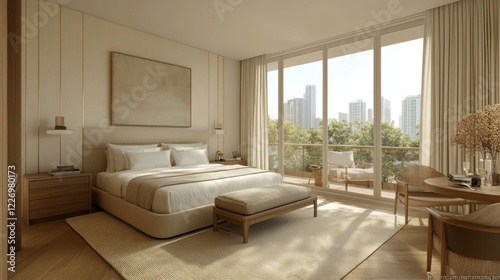 Modern bedroom, city view, sunlit, calm, design inspiration