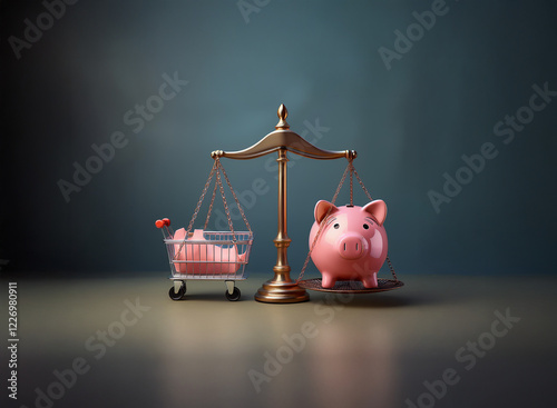 A pink piggy bank and a miniature shopping cart are balanced on a scale, representing the delicate equilibrium between saving and spending.  This visual metaphor explores financial decisions and budge
