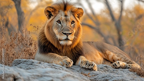 Regal Asiatic lion lounging a rocky outcrop in Gir Forest its powerful form and glowing mane bathed in the warm light of late afternoon