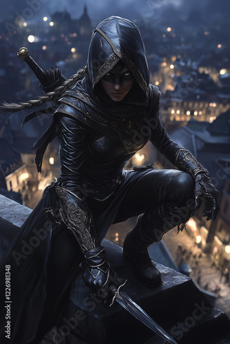 mysterious female assassin wearing a sleek black leather hooded outfit with detailed stitching and metallic accents, crouched on a rooftop in a moonlit medieval cityscape, gripping a sharp dagger 