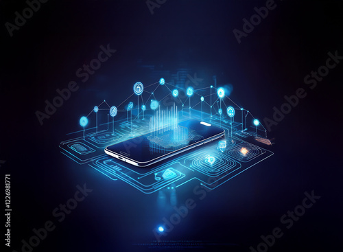 A smartphone rests on a glowing circuit board, surrounded by digital data points and network connections, illustrating modern mobile technology and connectivity.