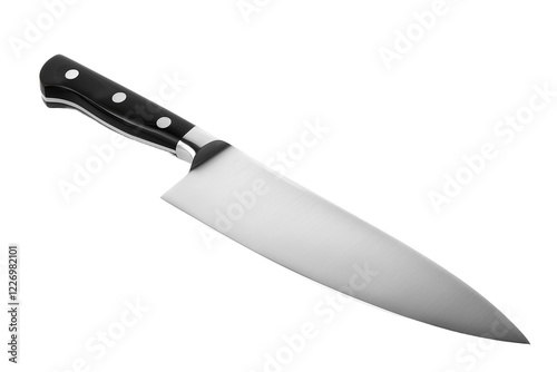 Professional Stainless Steel Chef's Knife With a Black Handle on a White Background