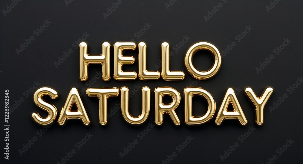 hello Saturday word gold metallic shiny lettering on plain black background hello Saturday word gold metallic shiny lettering on plain black background