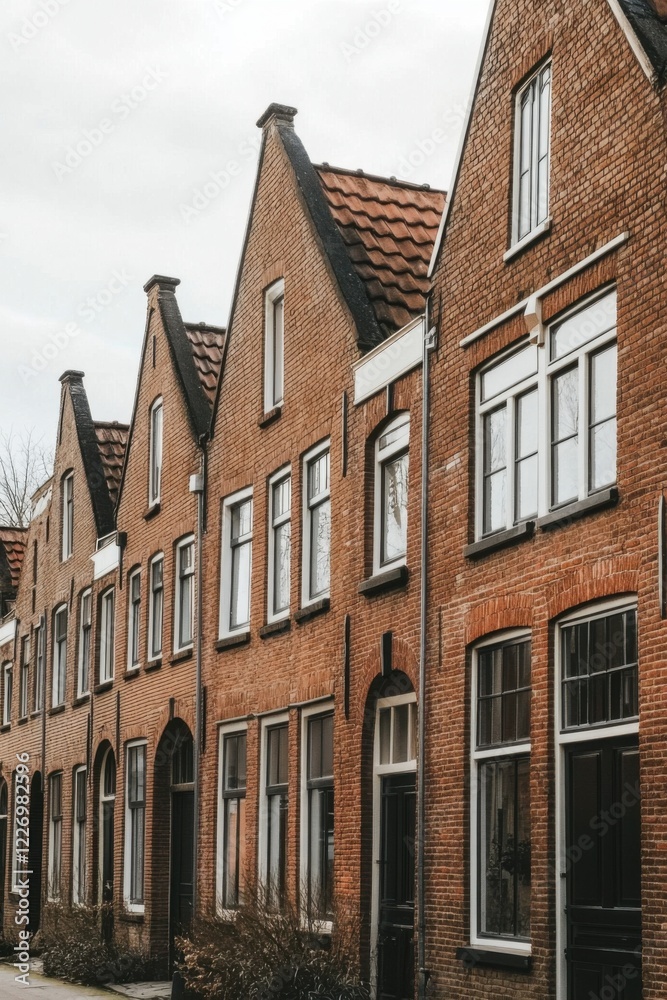 Obraz premium Historic brick houses line the street in a quaint European neighborhood showcasing traditional architecture and cozy residential life throughout the year