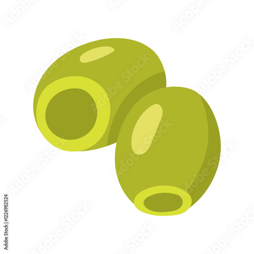 Green Olives without seeds. flat illustration of a group of olives arranged together. Additions to dishes. isolated on white. For use on packages of olive oil and all products containing olive oil.
