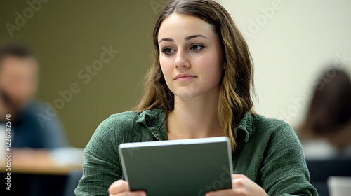 A young woman participating in a digital marketing class in a modern office environment, taking notes on her tablet.


