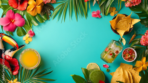 Cinco de Mayo mexican holiday social media post vector template. Mexico fiesta tropical flower frame with tequila, toucan bird, tex mex taco and nachos pattern borders on transparent background photo