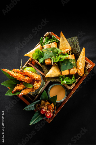 Obraz na plátně A delicious assortment of Asian appetizers featuring crispy tempura shrimp, spring rolls wrapped in bamboo leaves, and a vibrant salad, all beautifully presented on a wooden platter