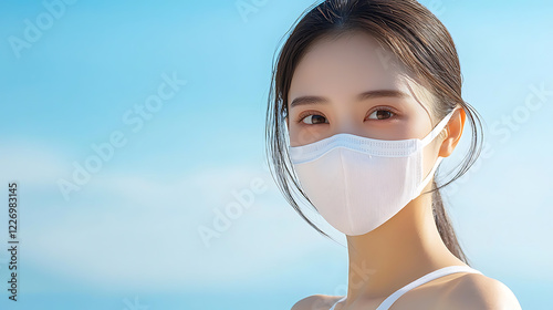 Stylish reusable mask for all-day comfort beach setting fashion accessory bright atmosphere close-up personal protection