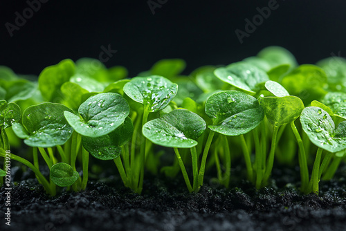 Lush green seedlings sprout from dark rich soil