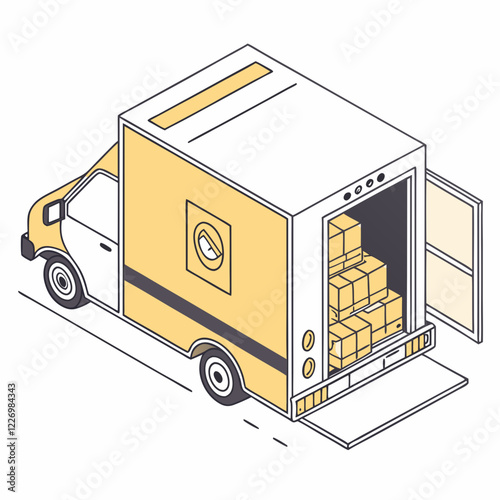 Isometric Illustration of Delivery Truck Loaded with Packages