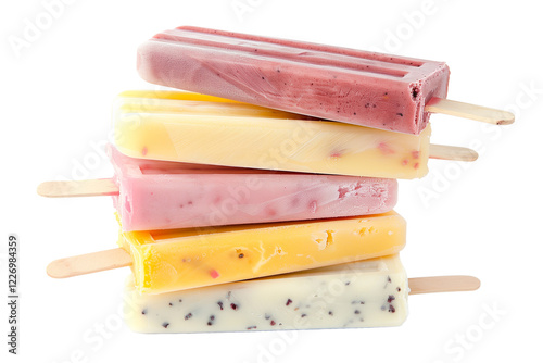 Colorful Popsicles in Various Flavors Stacked on a White Background for a Refreshing Summer Treat