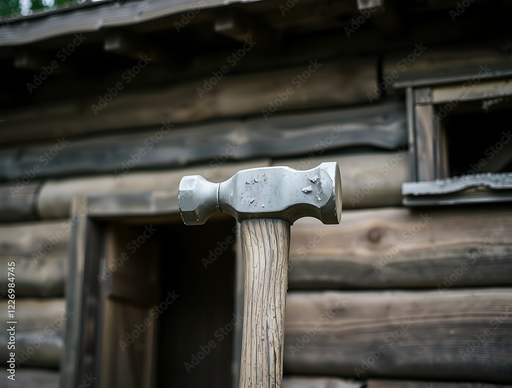 Durable Metal Hammer Against Rustic Wooden Cabin Durable Metal Hammer Against Rustic Wooden Cabin