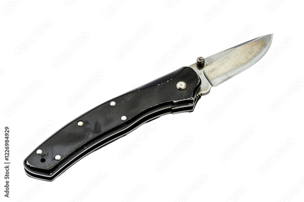 Pocketknife With a Sleek Black Handle and Silver Blade on a White Background for Clear Visibility Pocketknife With a Sleek Black Handle and Silver Blade on a White Background for Clear Visibility