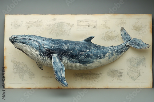 A sculpted humpback whale displayed on antique maps