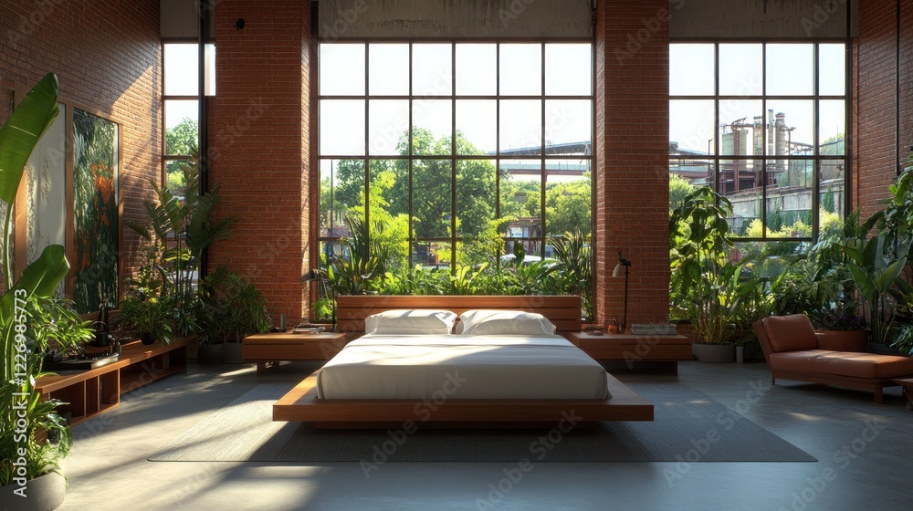 Modern bedroom, industrial loft, sunlight, plants, city view Modern bedroom, industrial loft, sunlight, plants, city view