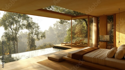 Modern bedroom, infinity pool, forest view, sunrise