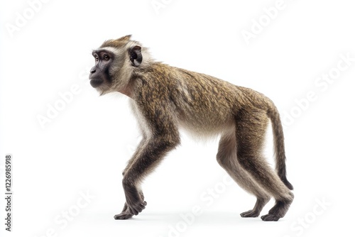 A young monkey walks on a white background.