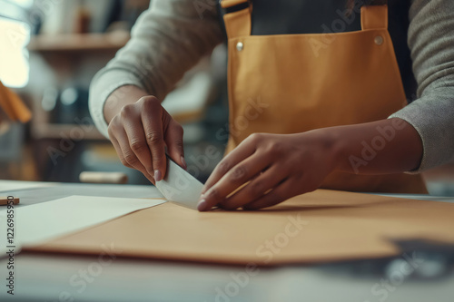 Close up of hands using a bone folder to crease and fold paper, possibly for bookbinding or prototyping photo