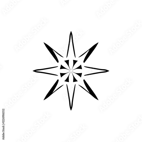 Abstract Geometric Star Mandala: Elegant Black and White Design. Perfect for branding, logos, and digital art projects. Simple, modern, and stylish vector graphic.