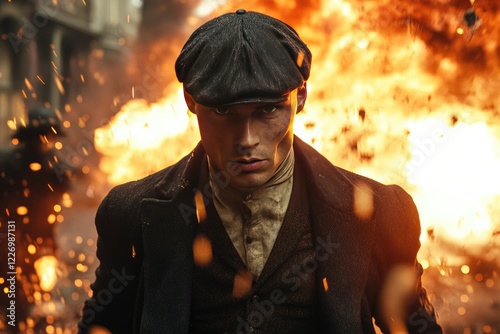 Man in Newsboy Cap Amidst Explosions and Sparks photo