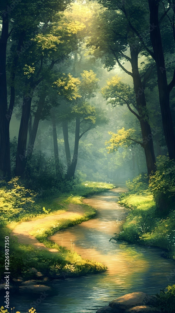 Fototapeta premium A tranquil river winding through a forest with tall trees and no one around