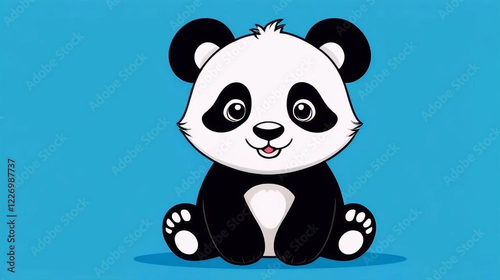 Fototapeta premium 2d style panda on blue background, cute bear, funny animal