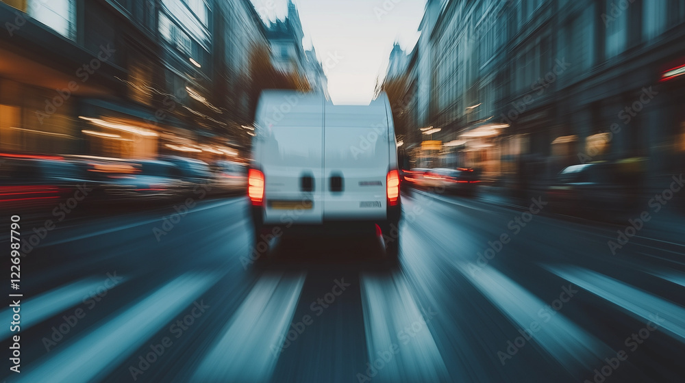 Delivery van driving away on street, symbolizing efficient logistics and timely service in modern transportation and supply chain management.