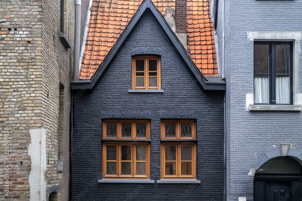 Unique black house with orange roof nestled between brick buildings in an urban setting, showcasing modern architectural design and historical charm Unique black house with orange roof nestled between brick buildings in an urban setting, showcasing modern architectural design and historical charm