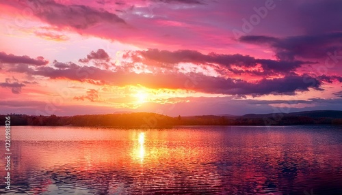 Scenic view of autumn pink sunset above the water, beauty