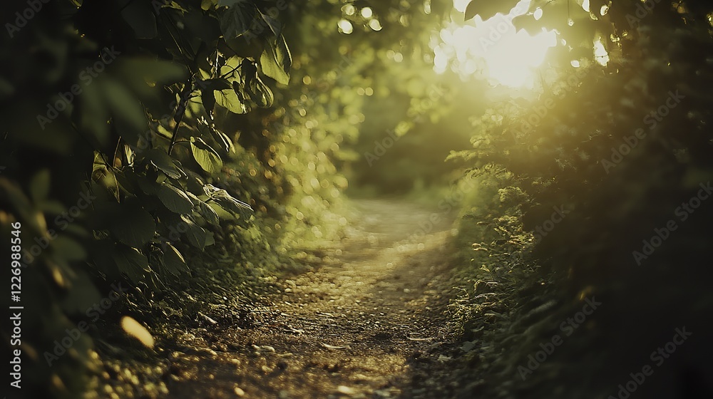 Obraz premium Golden sunlight illuminates a tranquil forest path, evoking peace and natural harmony.