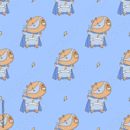 Cute Superhero Capybara Seamless pattern. Cool power cartoon kawaii animal in mask and raincoat on blue background with lightning. Vector illustration. Kids collection