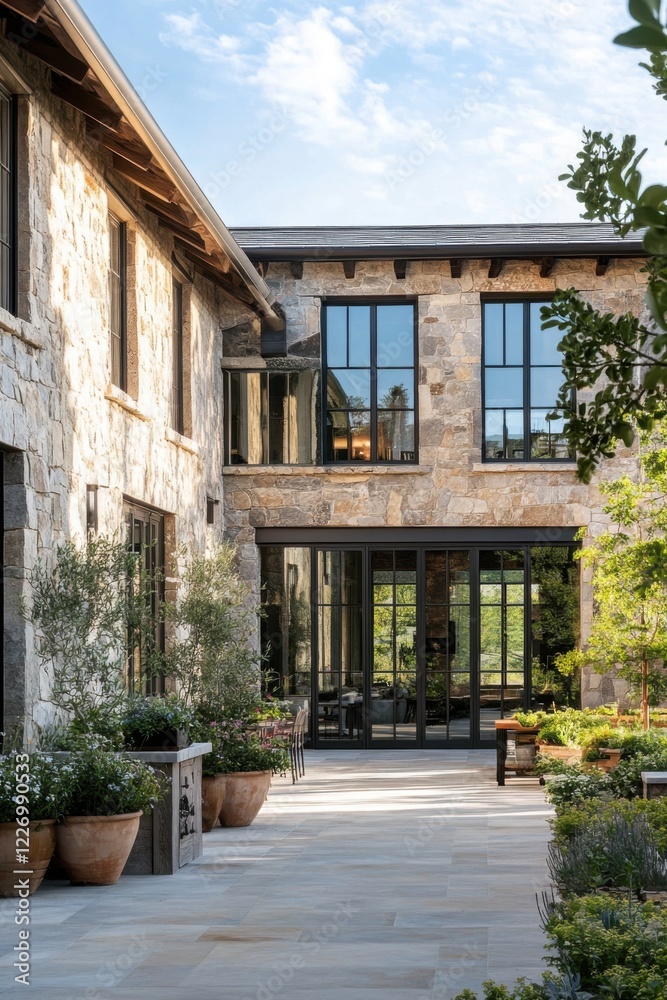 Elegant courtyard of a modern stone villa featuring large windows and lush landscaping in bright daylight, showcasing a serene atmosphere and an inviting entrance Elegant courtyard of a modern stone villa featuring large windows and lush landscaping in bright daylight, showcasing a serene atmosphere and an inviting entrance