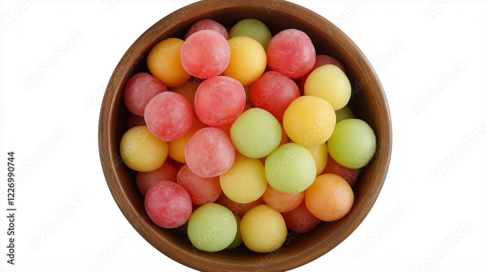 Colorful melon balls filling a wooden bowl on a white background. Wooden bowl is filled with colorful melon balls, vibrant and refreshing scene, healthy eating and summer vibes, top view, isolated Colorful melon balls filling a wooden bowl on a white background. Wooden bowl is filled with colorful melon balls, vibrant and refreshing scene, healthy eating and summer vibes, top view, isolated