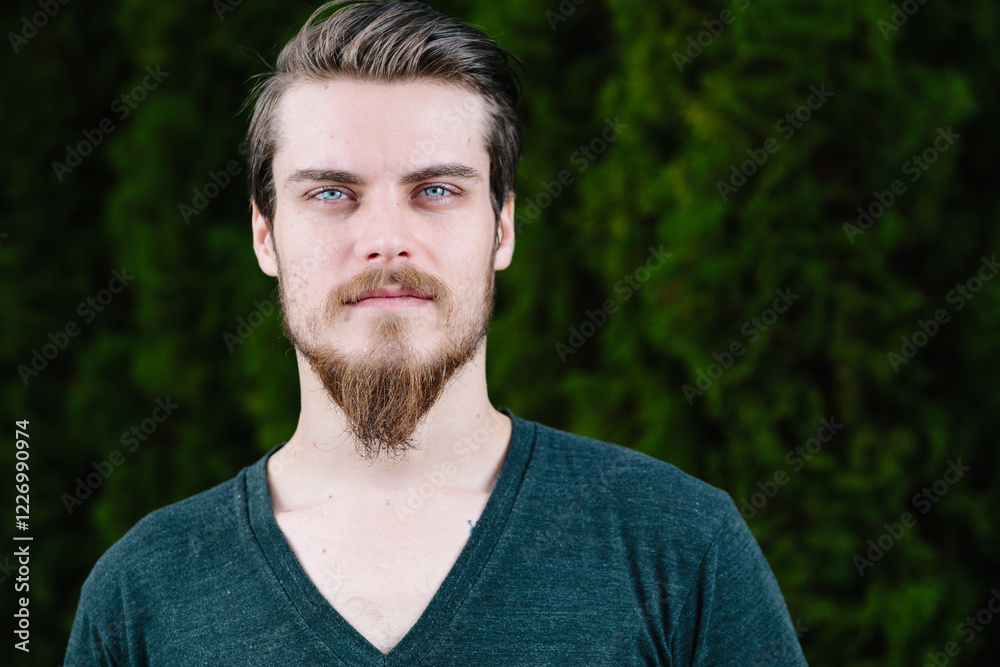 Portrait of a handsome man with a beard standing in front of a hedge Portrait of a handsome man with a beard standing in front of a hedge