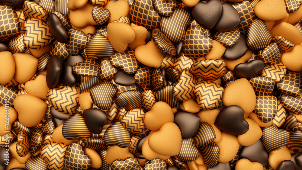 Golden and chocolate hearts background for Valentine's Day. Pile of hearts. Romantic backdrop. 3d render illustration Golden and chocolate hearts background for Valentine's Day. Pile of hearts. Romantic backdrop. 3d render illustration