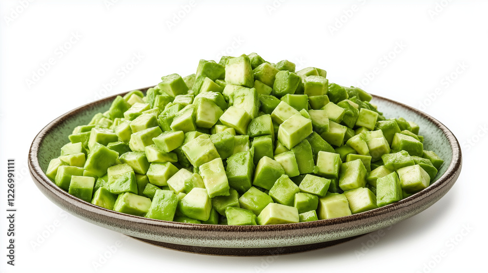 Generous serving of diced avocado pieces neatly arranged on a ceramic plate. The vibrant green color highlights the freshness, ideal for salads or garnishing dishes Generous serving of diced avocado pieces neatly arranged on a ceramic plate. The vibrant green color highlights the freshness, ideal for salads or garnishing dishes