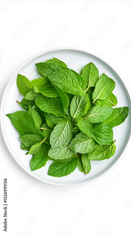Top view of vibrant green mint leaves arranged on a white plate, showcasing their freshness and texture, ideal for culinary and herbal applications. No background enhances focus on the leaves Top view of vibrant green mint leaves arranged on a white plate, showcasing their freshness and texture, ideal for culinary and herbal applications. No background enhances focus on the leaves