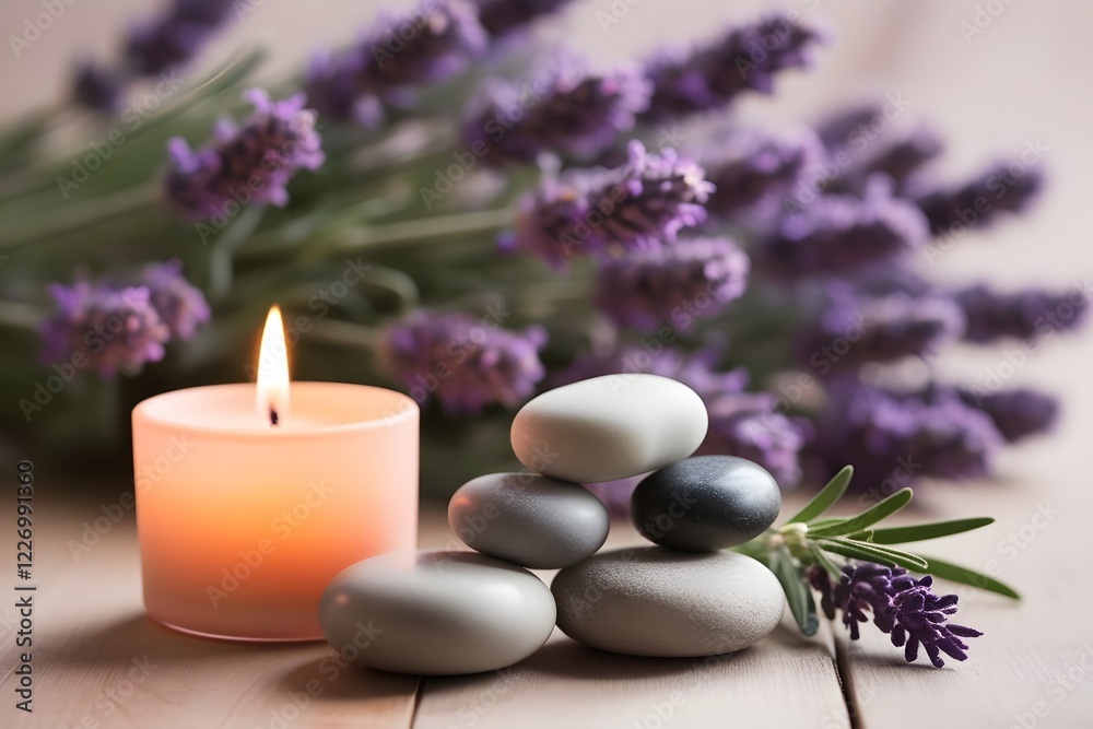 soft lavender floral background with massage stones candle and fresh sprig for use in relaxation and wellness themed designs