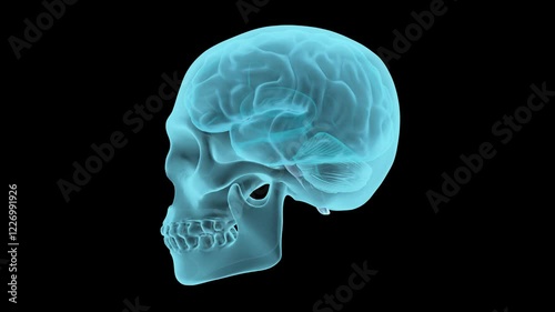 Anatomical 3D rendering of a human skull with a visible brain, rotating on a black background. Ideal for medical, educational, and scientific projects. Includes Alpha Channel. 