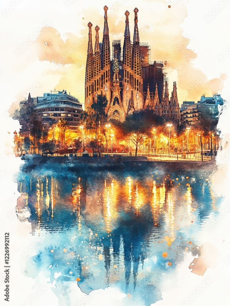 Fototapeta premium Watercolor artwork of Barcelona with Sagrada Familia