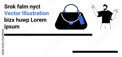 Black handbag with a handle and blue price tag, alongside a person gesturing. Ideal for fashion, e-commerce, retail, sales, branding, marketing, minimalist design flat landing page banner